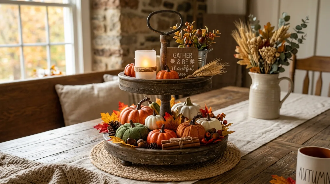 Farmhouse tiered tray with Dollar Tree fall decor